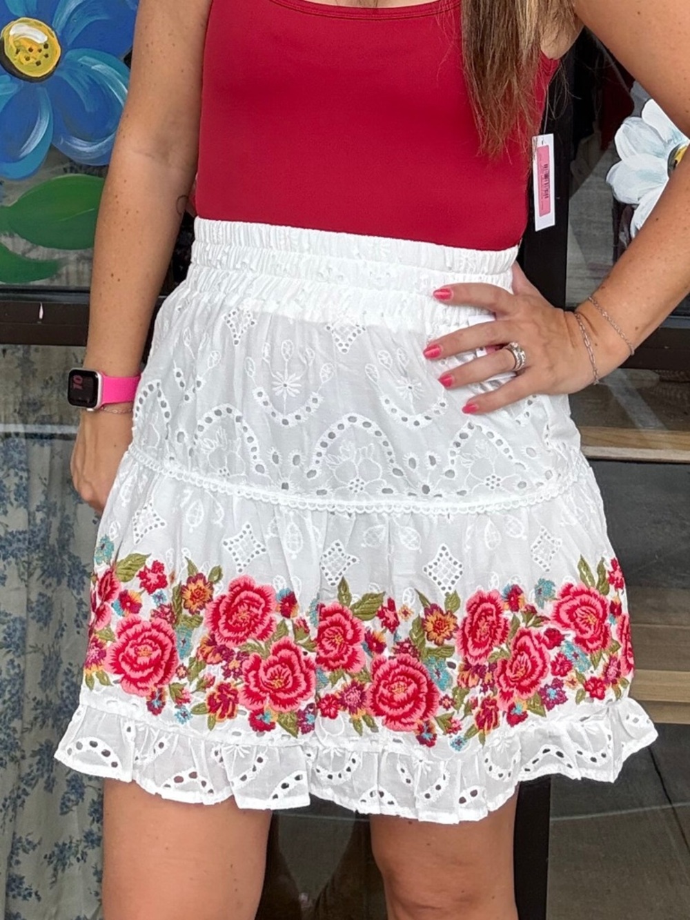 Savanna Jane White Eyelet Mini Skirt with Red Rose Border Embroidery